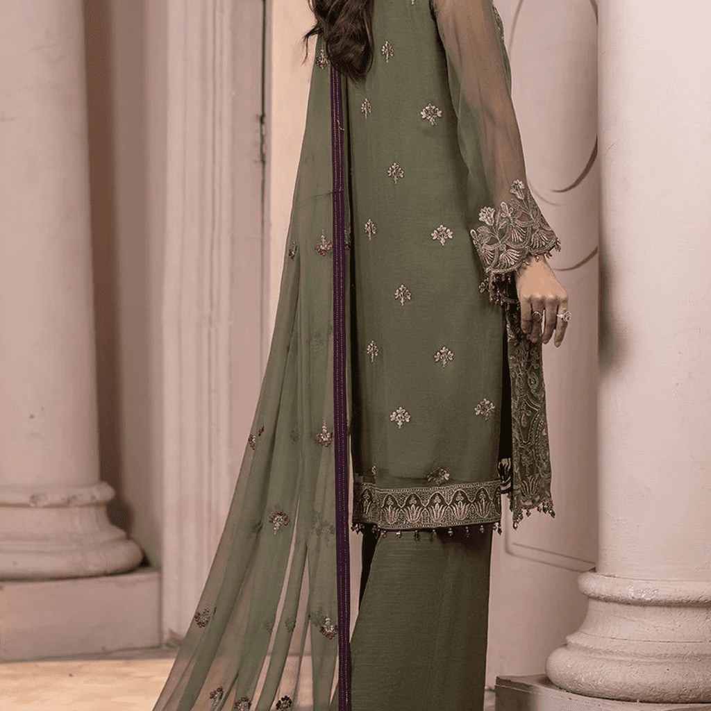 unstitched flossie Embroidered Chiffon dress with Malai Trouser