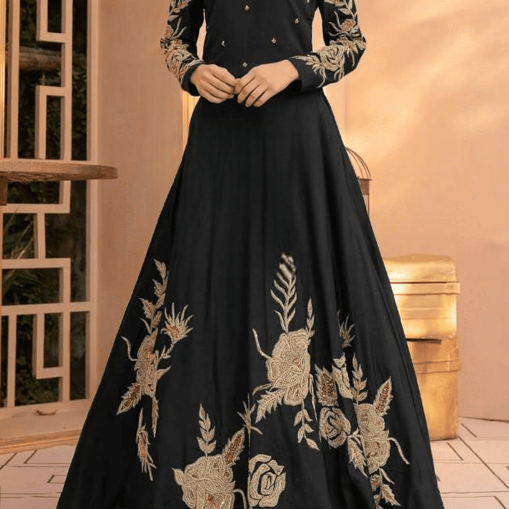 Heavy Embroidered Long Stitched silk maxi