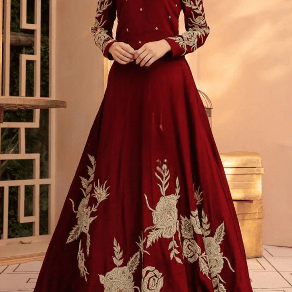 Heavy Embroidered Long Stitched silk maxi