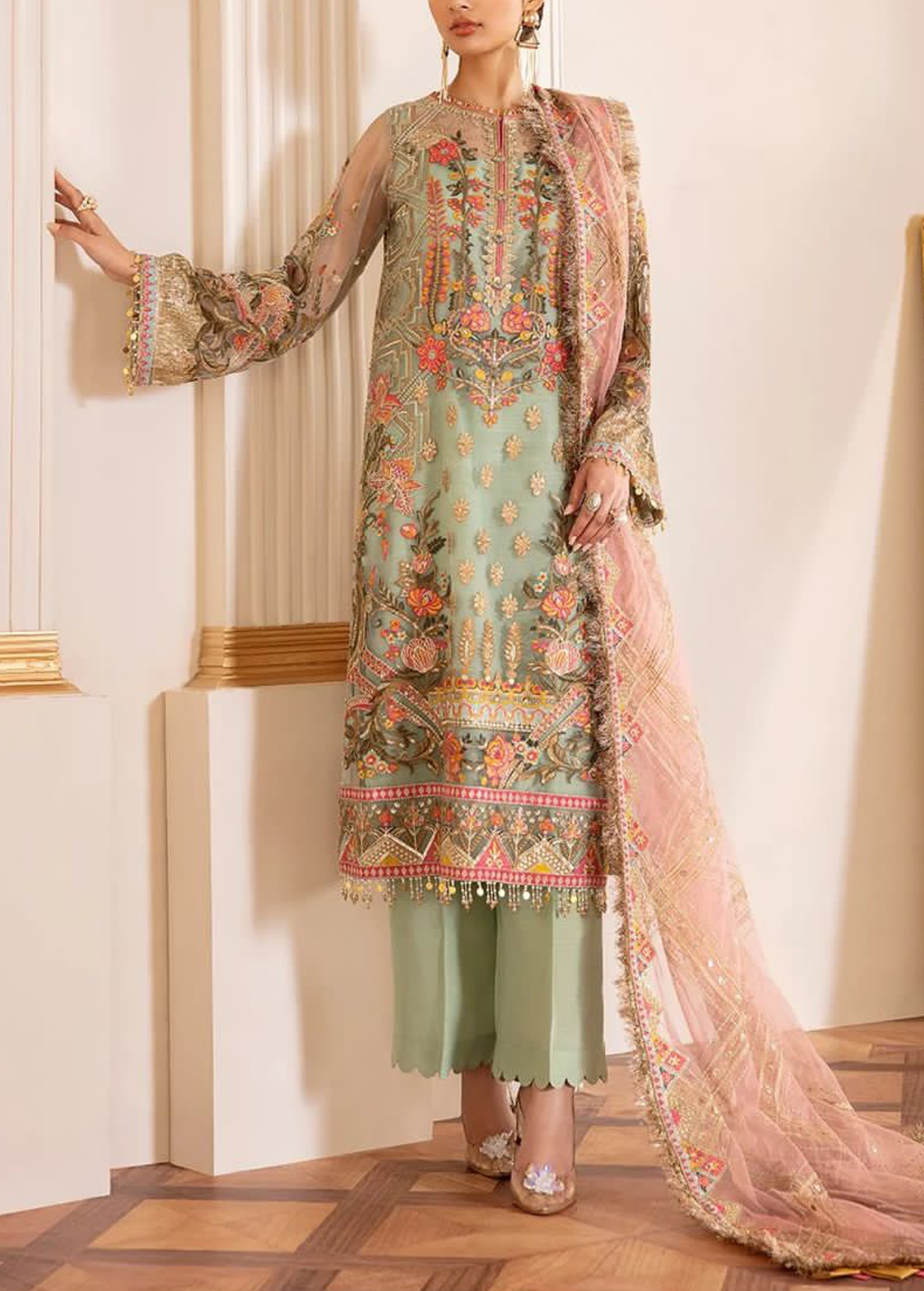 unstitched Embroidered Chiffon & Malai Trouser