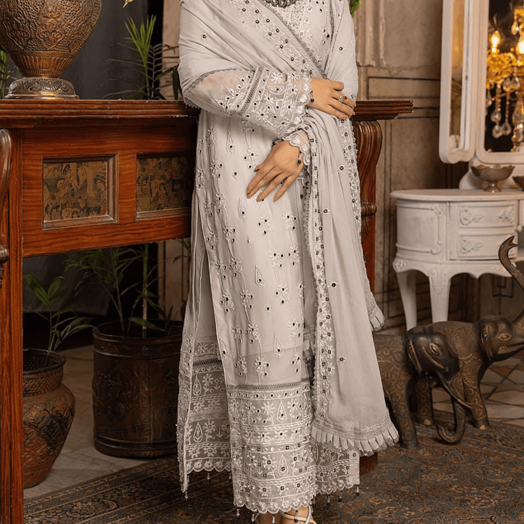 Heavy Mirror Embroidered Semi Chiffon Dress | Eid Collection