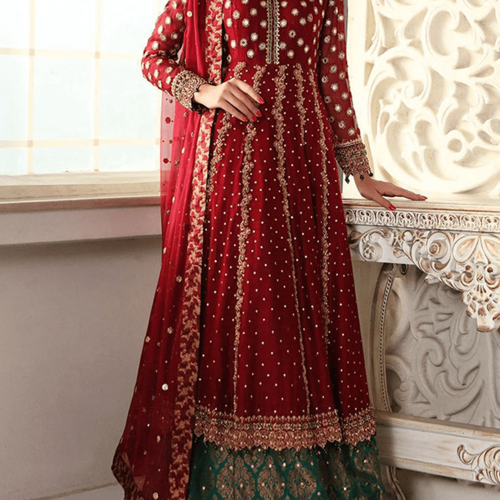 Heavy bridal chiffon embroidered dress with net dupatta
