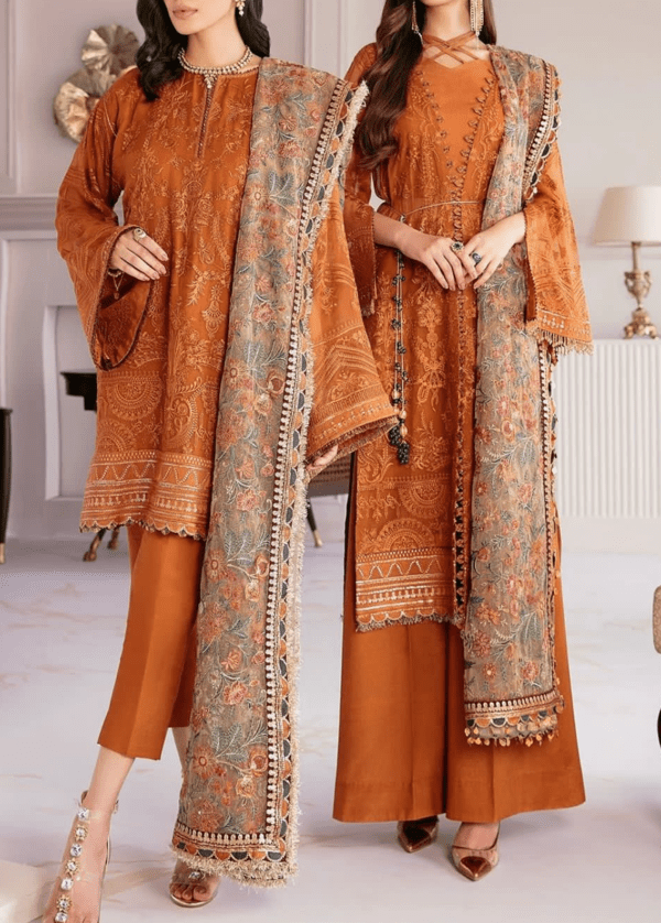 Ruddy Brown Embroidered Chiffon & Malai Trouser