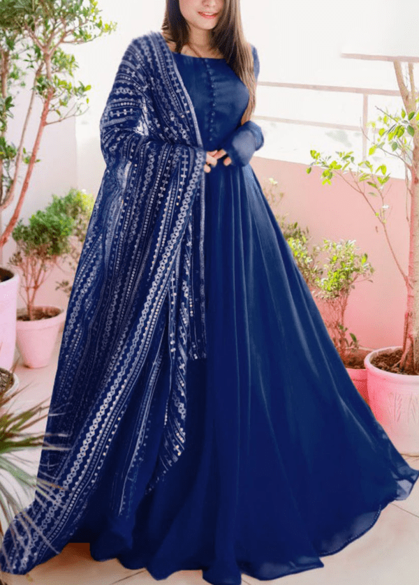 Long Kali Maxi With Full Embroidered Dupatta