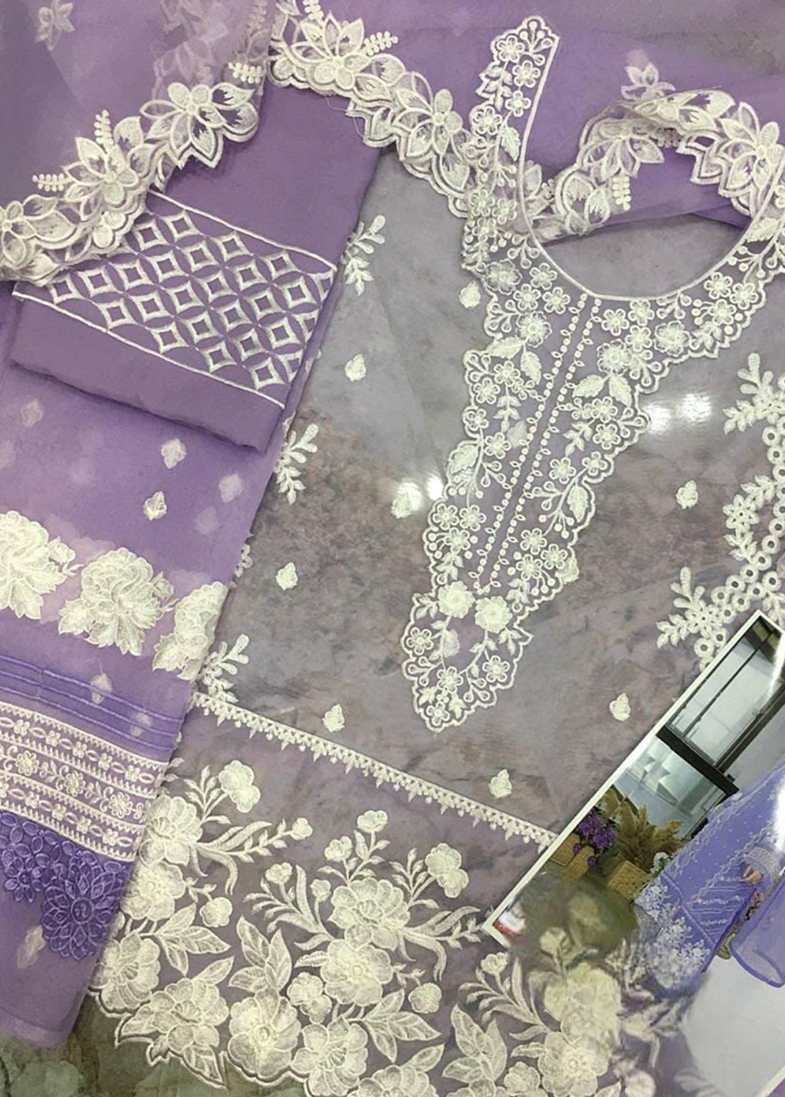 Lavender Thread Embroidered organza dress | Eid Collection