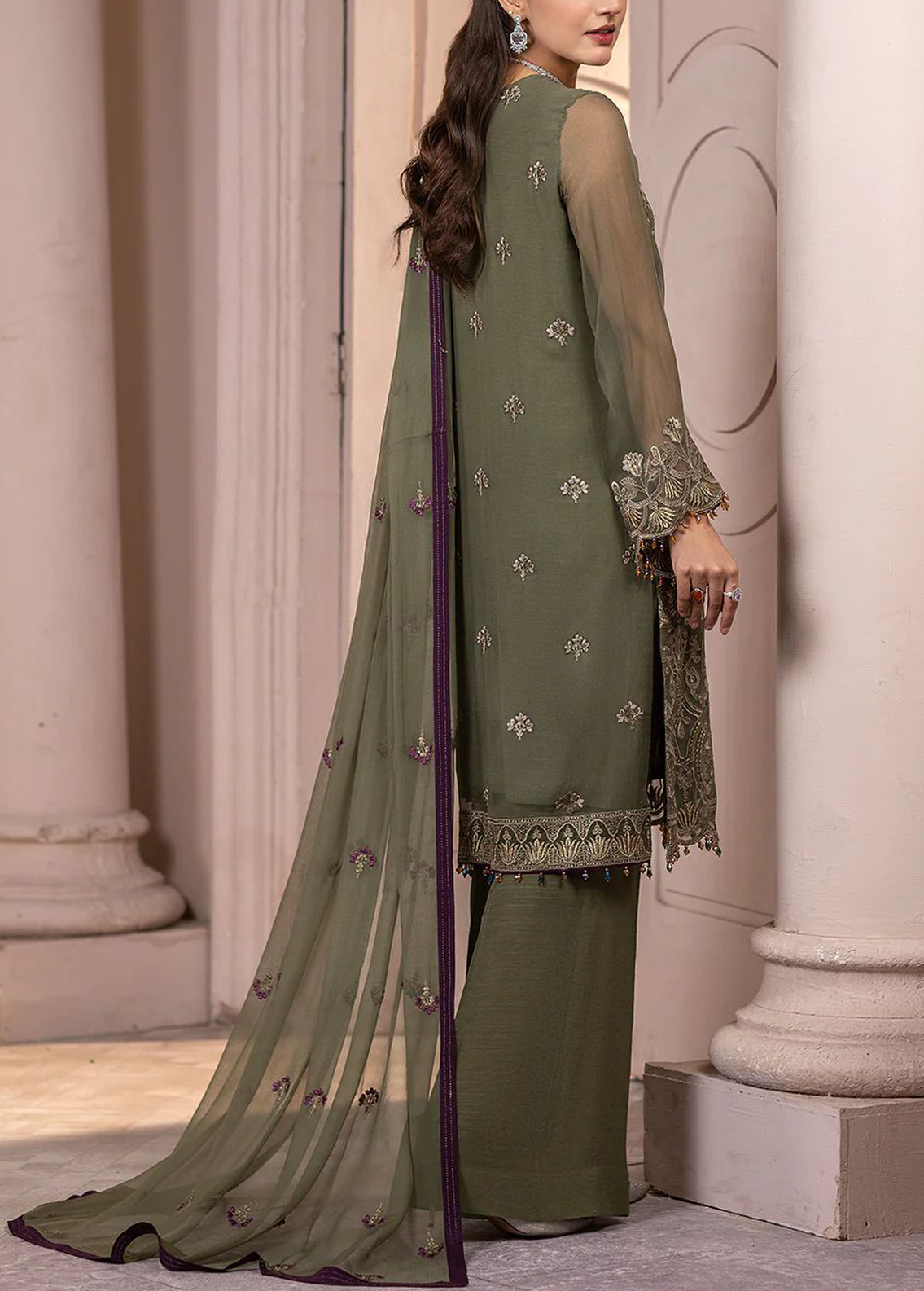 unstitched flossie Embroidered Chiffon dress with Malai Trouser