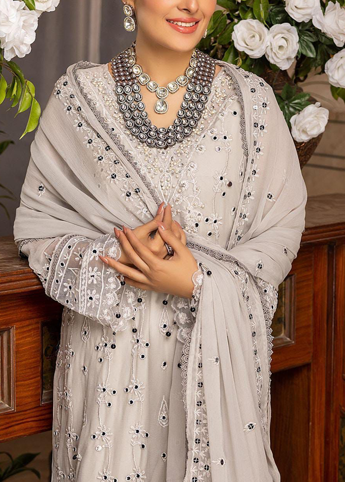 Heavy Mirror Embroidered Semi Chiffon Dress | Eid Collection