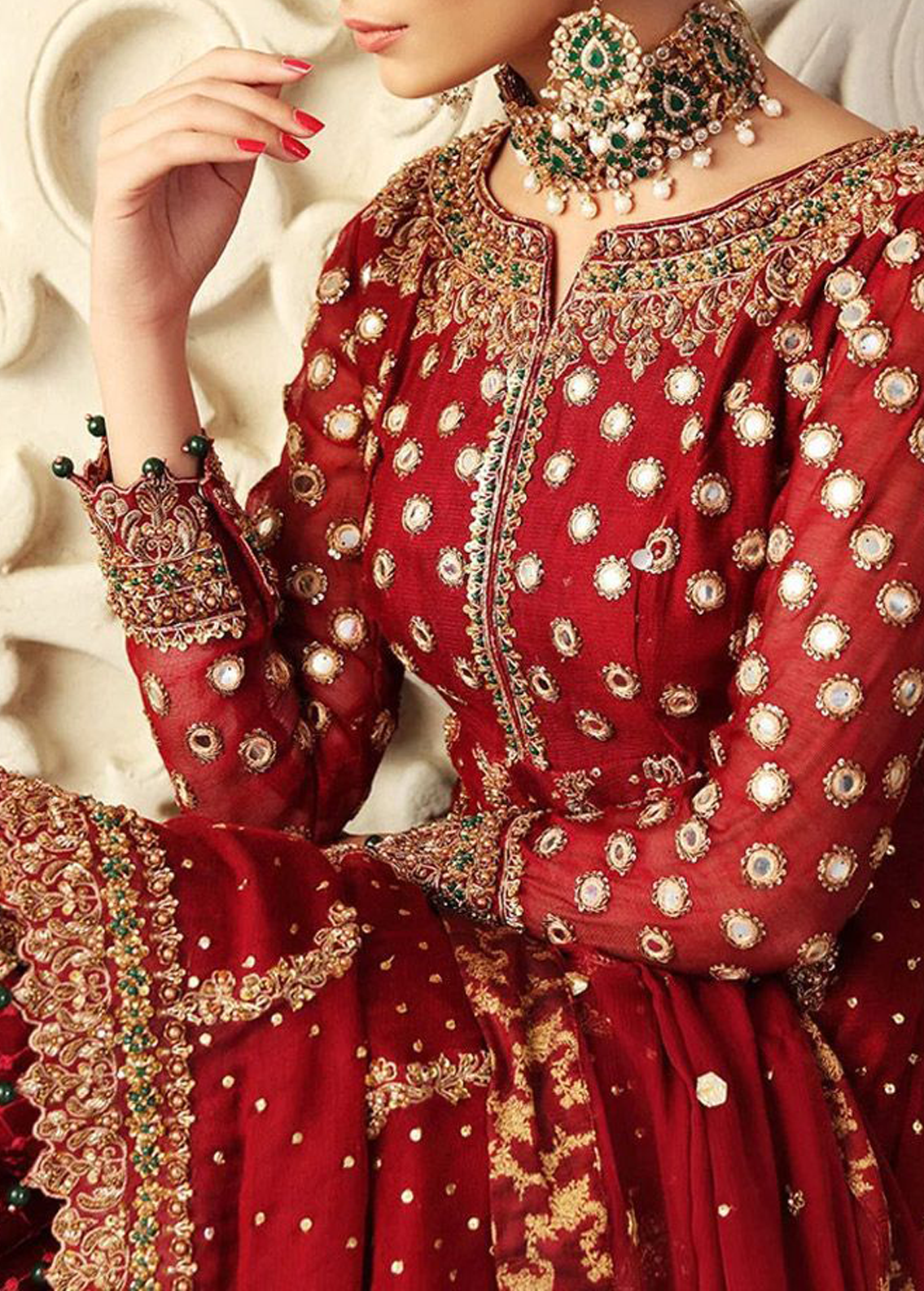 Heavy bridal chiffon embroidered dress with net dupatta