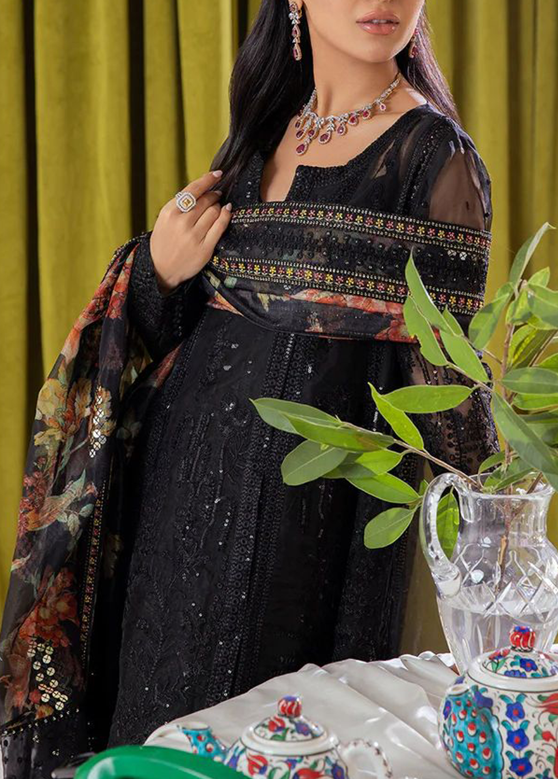 Embroidered organza black dress with organza dupatta